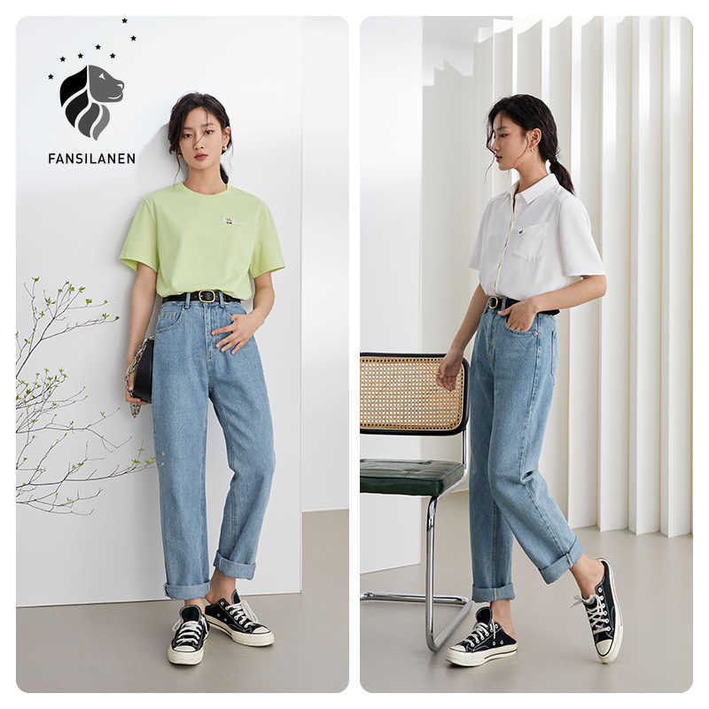 FANSILANEN 100% Cotton Office Lady Light Colored High Waisted Jeans Women's Straight Loose Summer Long 210607, Sky blue
FANSILANEN 100% Cotton Office Lady Light Colored High Waisted Jeans Women's Straight Loose Summer Long 210607, Sky blue
