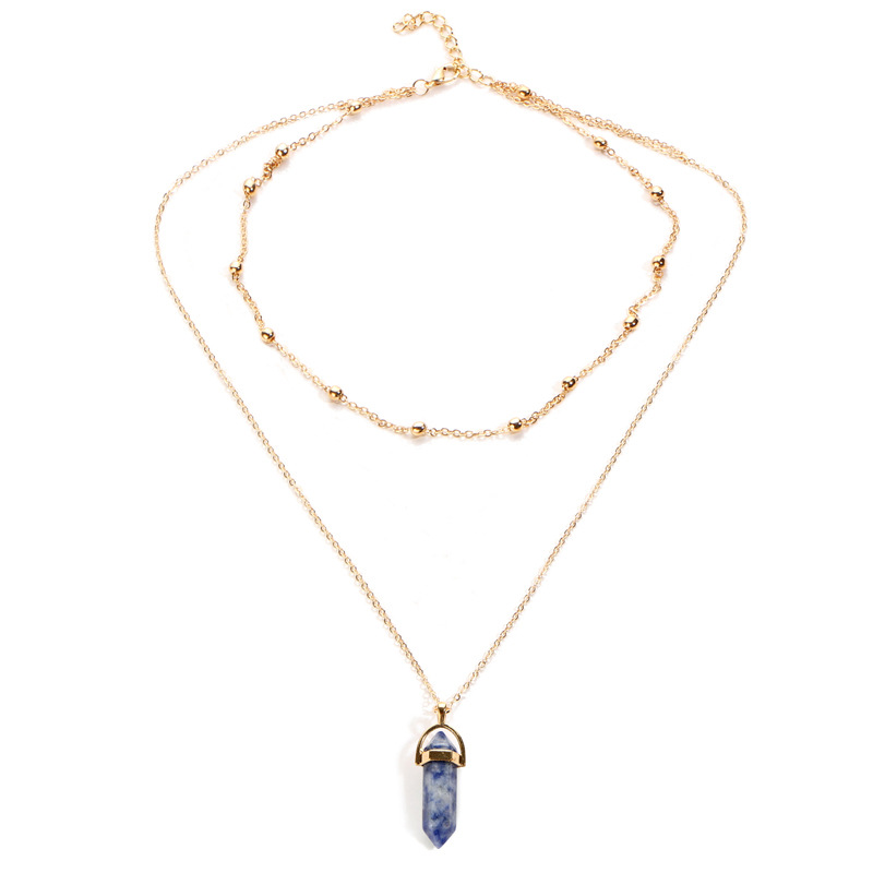 Natural Stones Beads Necklace Women Crystals Quartz Chakra Bullet Hexagonal Prism Point Healing Pendant Necklaces Fashion Double Layer Gold Link Chain