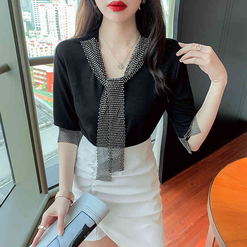 Korean Blouse Summer Womens Bright Diamond Tops And Blouses Office Lady Solid Color Sexy V-neck Long Sleeve Top 210515