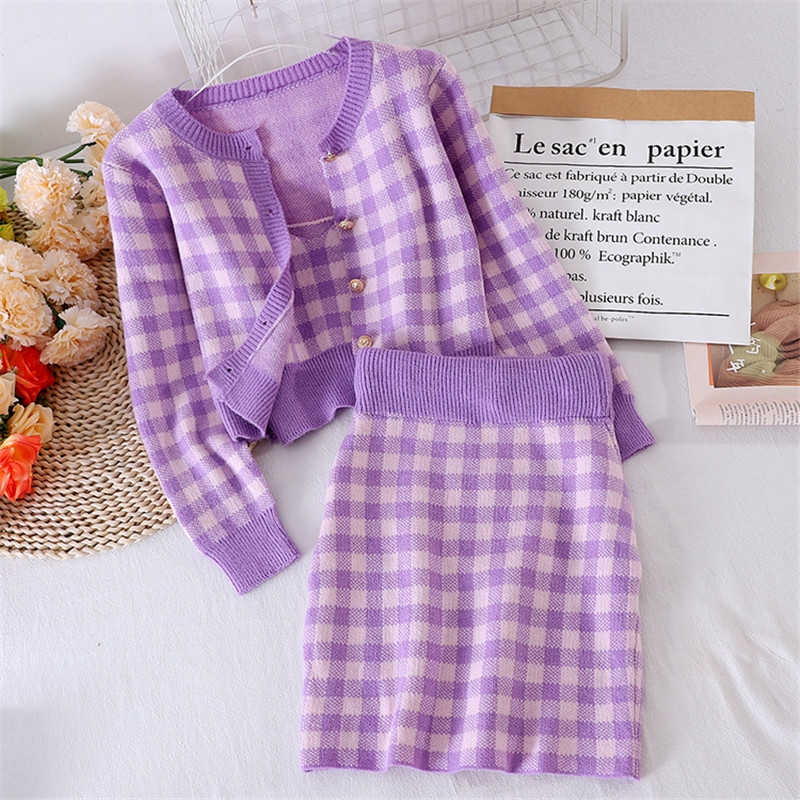3 Piece Set Women's Sweet Plaid O-Neck Single-Breasted Long-Sleeved Sweater Coat + Sexy Short Crop Top Mini Skirt Suit 210519