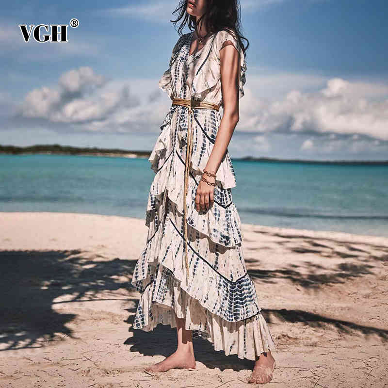 VGH Print Vintage Dress For Women V Neck Sleeveless High Waist Patchwork Ruffle Lace Up Dresses Female Fashion Clothing 210421