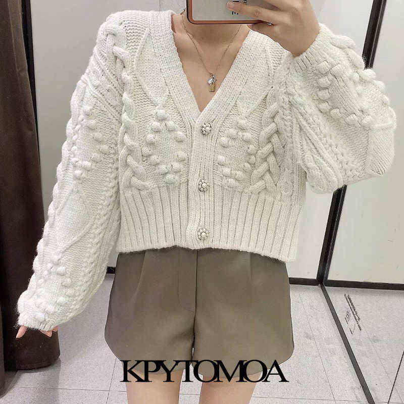 KPYTOMOA Women Fashion Pompom Appliques Cropped Knitted Cardigan Sweater Vintage Long Sleeve Female Outerwear Chic Tops 210918
