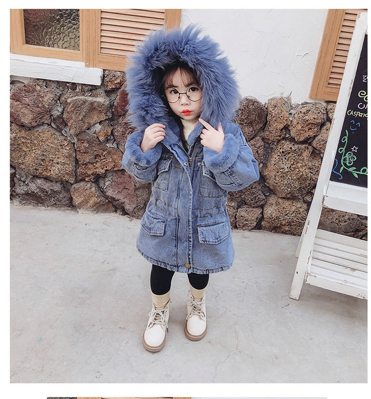Autumn Winter Girls Thicken Coats Children Denim Hooded Coat Kids Fur Collar Cotton Jacket Baby Girl Outwear