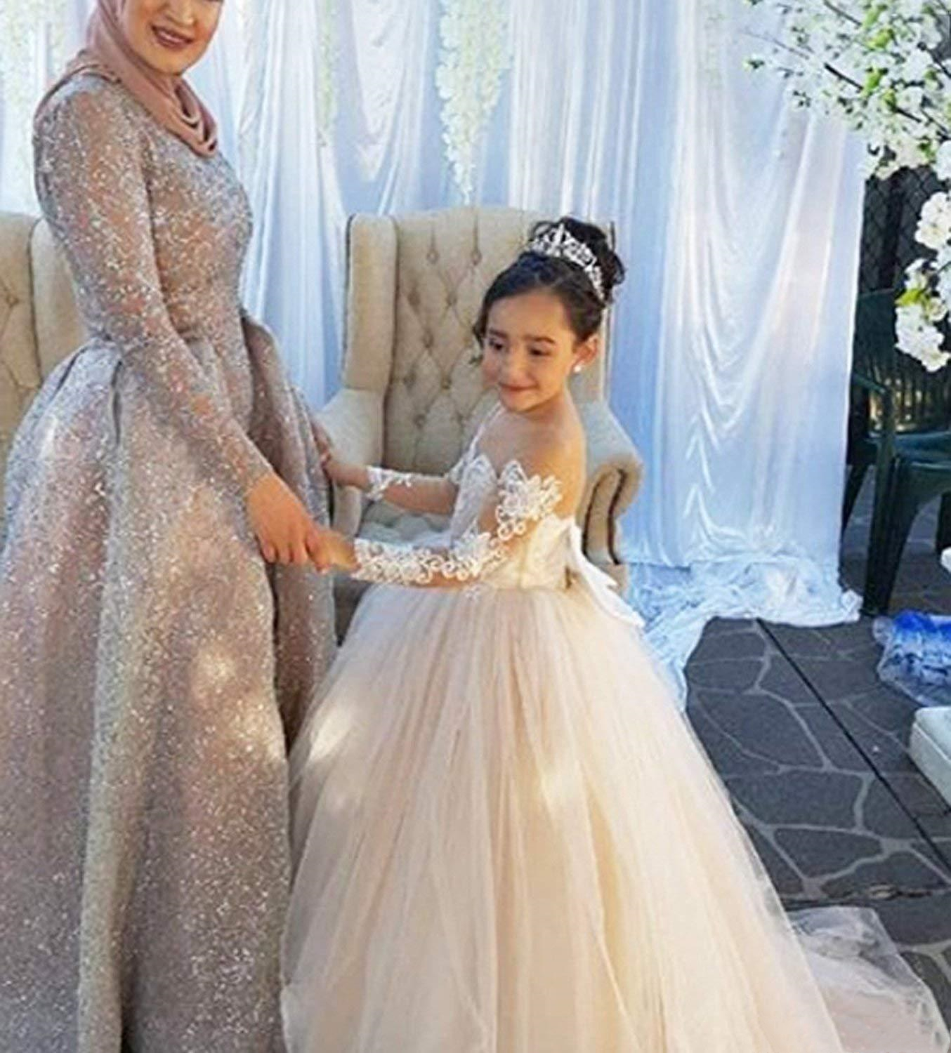 Princess Long Sleeve A Line Little Flower Girls Dresses For Wedding Bow Back Lace Tulle Kids Toddler First Communion Gowns Prom Pagenat Dress Brithday