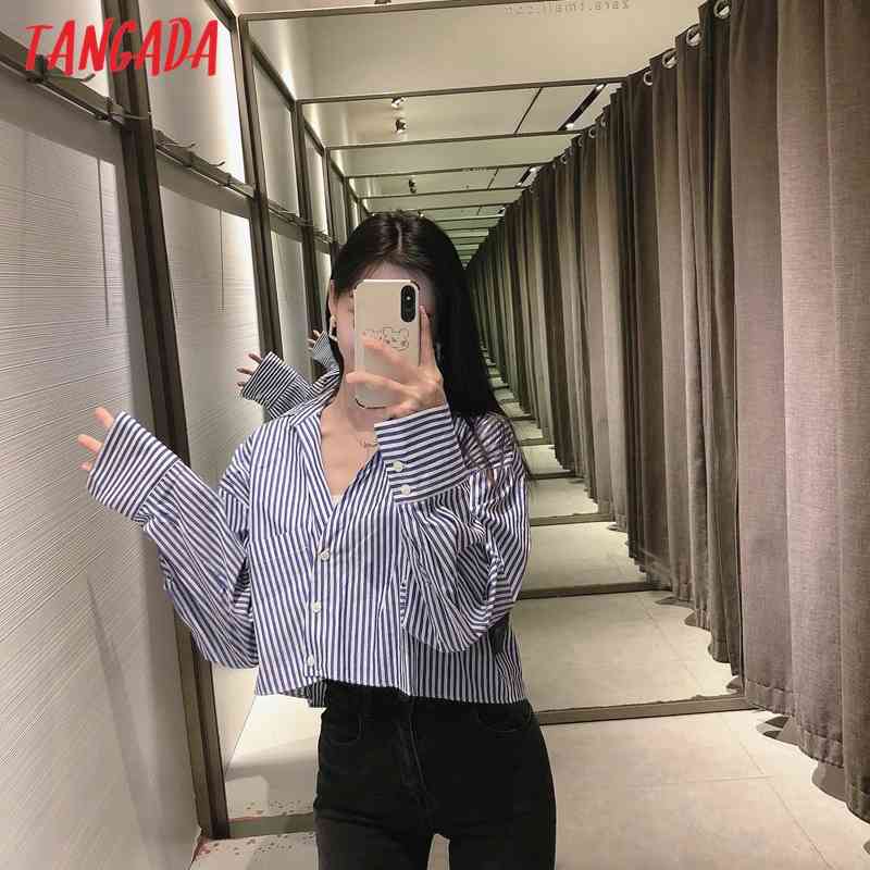 Women Retro Blue Striped Print Crop Long Sleeve Chic Female Short Blouse Shirt Tops 3H75 210416