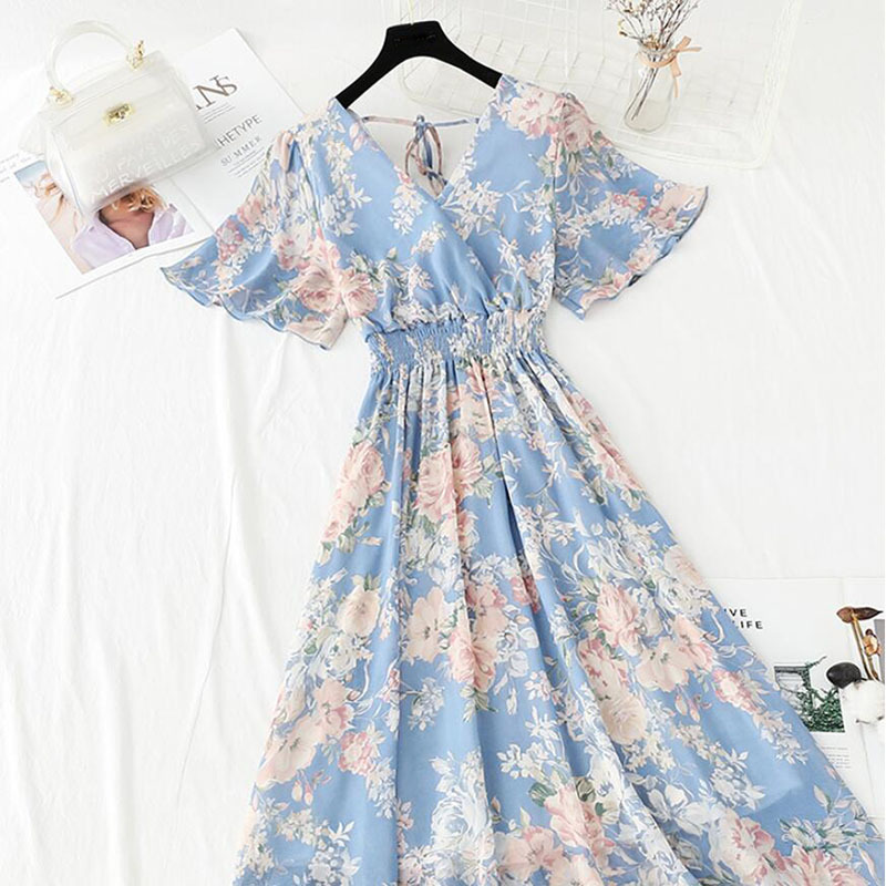 Summer Dress Women's Short sleeve Chiffon Dress V-neck Elastic Waist Floral Print Beach Long Dresses Backless Sexy Vestidos 210521