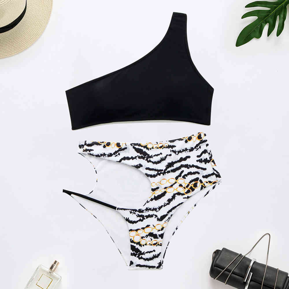 Sexy One Shoulder Bikini High Waist Swimsuit Women Hollow Out Swimwear Female Two Pieces Set Print Bathing Suits 210521