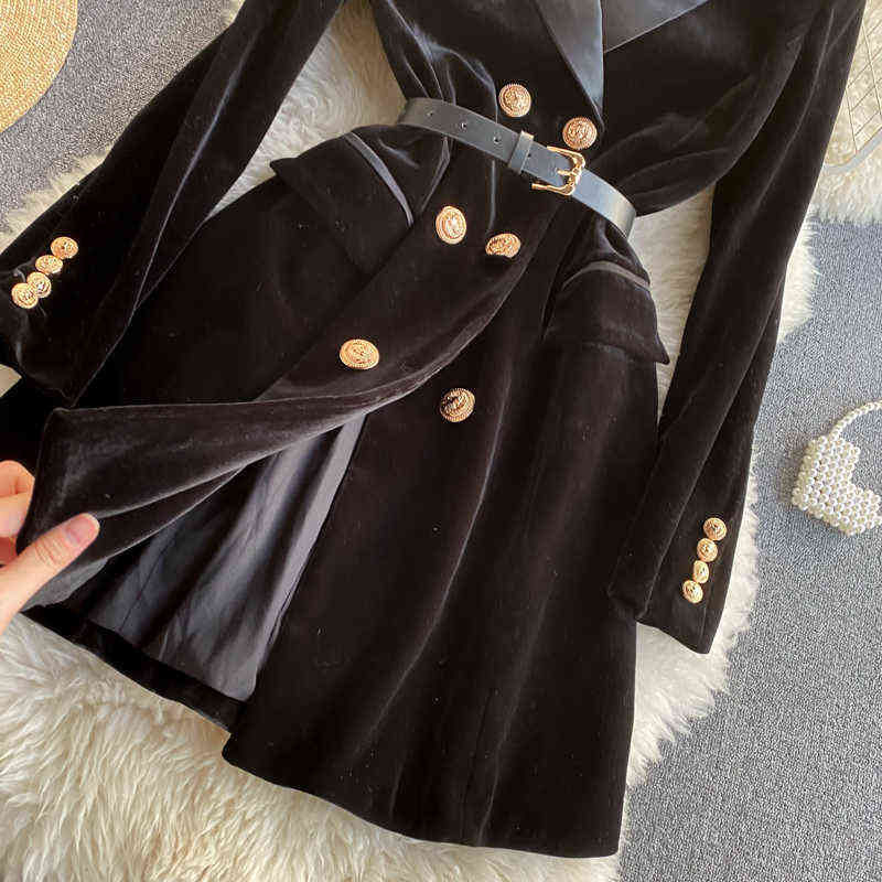 Blazer Coat Women Velvet Suit Jacket Winter Double Breasted Long Sleeve Ladies Black Belt Slim Outwear 211122