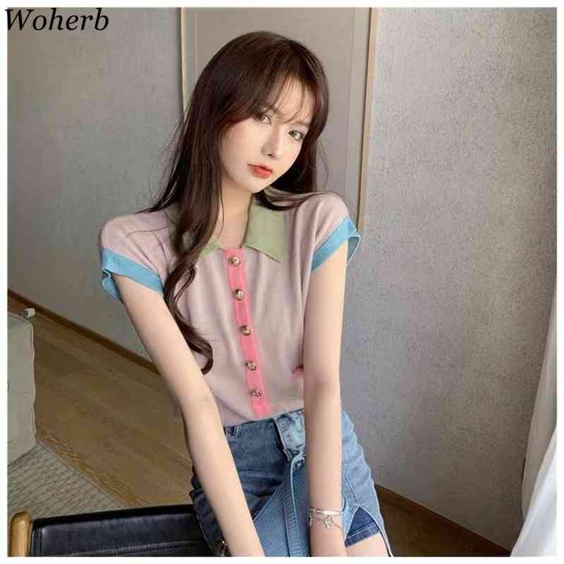 Summer Thin Tee Short-Sleeved Contrast Color Patchwork Knit Cardigan Chic All Match Tops Casual Gentle T-shirts 210519