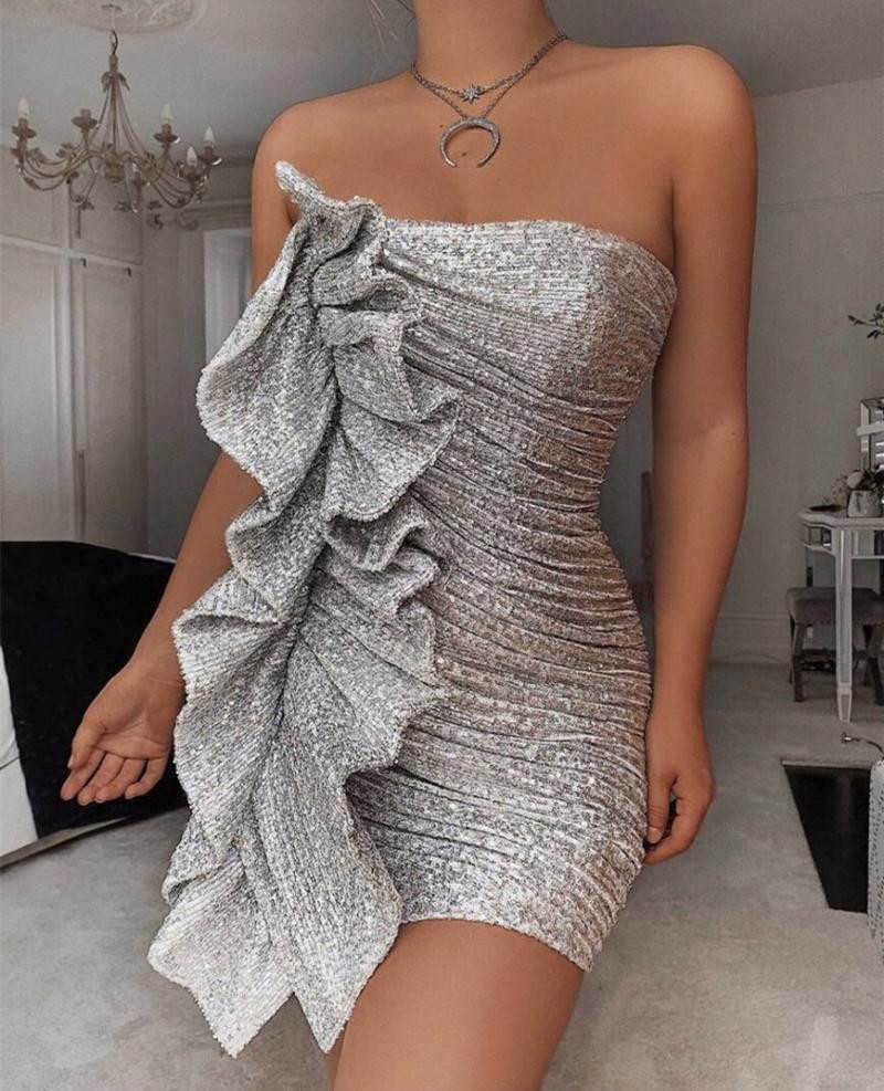 Sexy Women Silvery Reflect Light Mini Dress Fashion Ladies Draped Ruffles Vestidos Sweet Female Chic Slim Dresses 210527