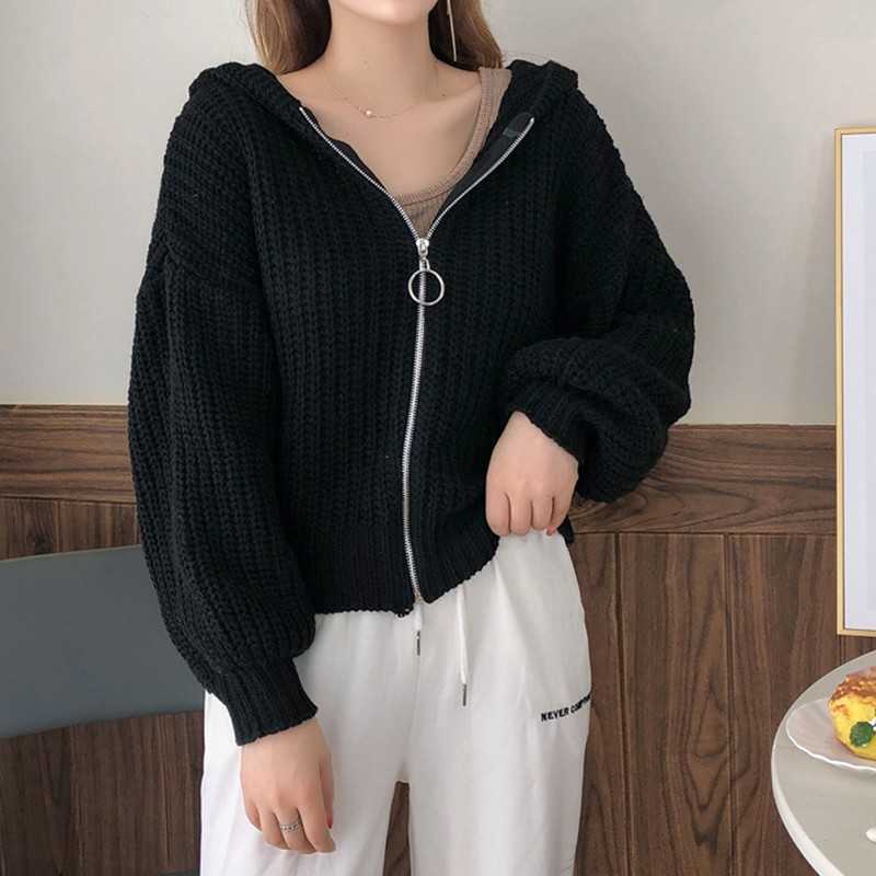 Yedinas Winter Cardigan Women Long Sleeve Hooded Black Loose Knit Casual Sweater Korean Fashion 210527