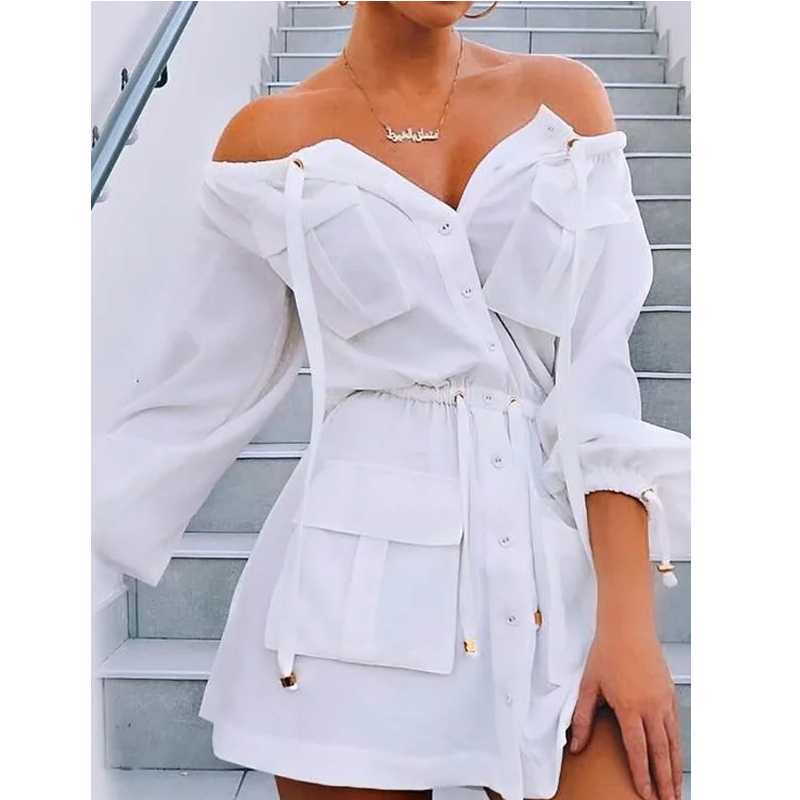 Casual White Cotton Dress Pockets Women Off Shoulder Long Sleeve Spring Summer Short Dress Button Up Dress Female Punk 210415
