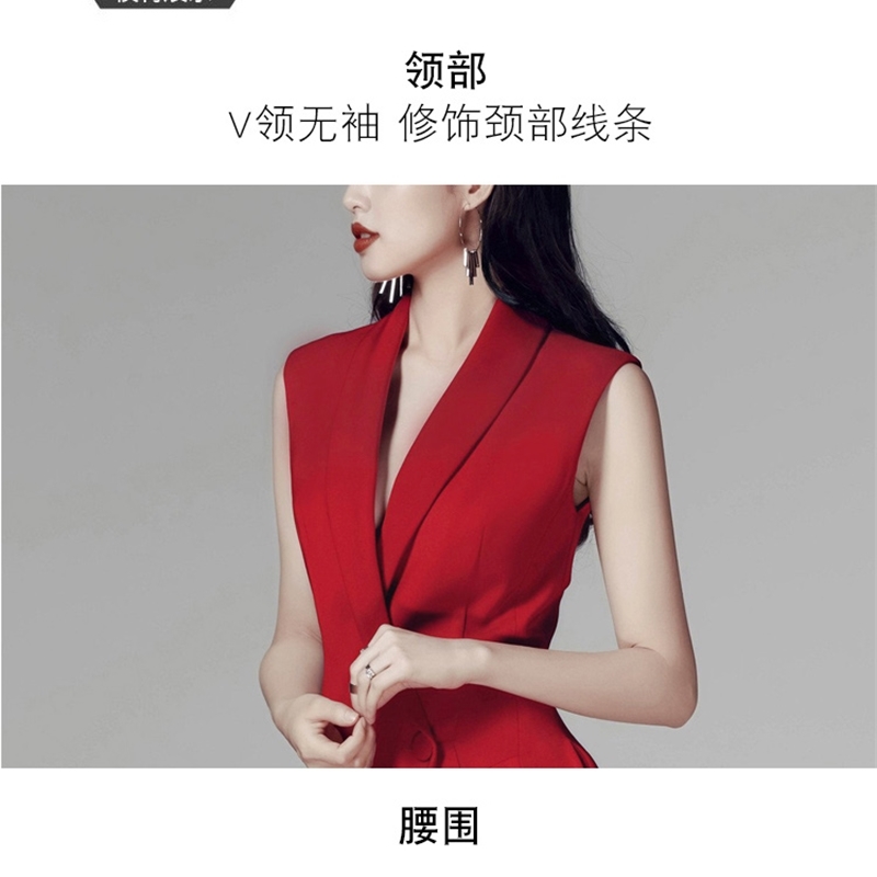 Fashion Summer Women Sleeveless Notched Collar irregular Party Red Dress Office OL Business casual Slim Formal 210519
