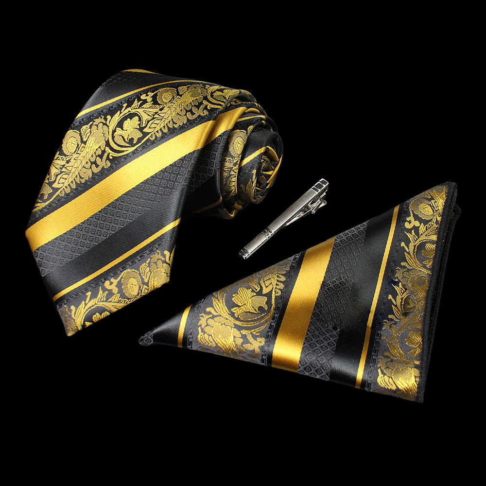 Kamberft Classic Mens Floral Necktie and Pocket Square Tie Clip Sets for Men Yellow Striped 8cm Silk Wedding Accessorie