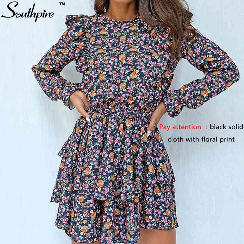 Southpire O-Neck A-Line Black Flower Print Vintage Dress Women Long Sleeve Ruffle Mini Party Dress Casual Daily Clothes Fashion 210409