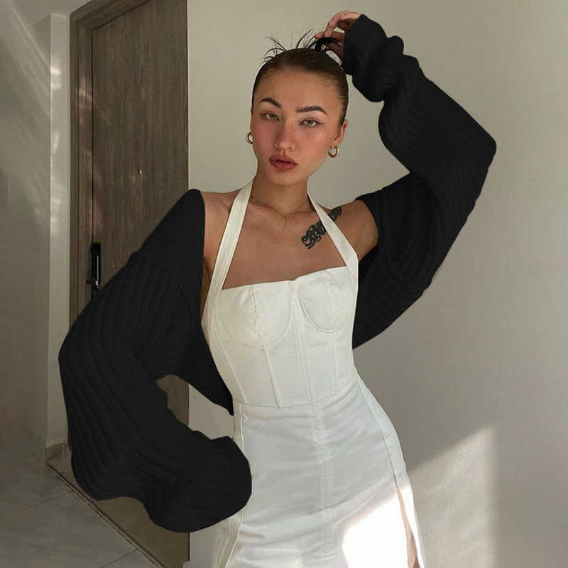 Tossy White Women Sweater Shrugs Cropped Top Full Lantern Sleeve Knitwear Pullover Sexy Summer High Street Outwear Spring 210914