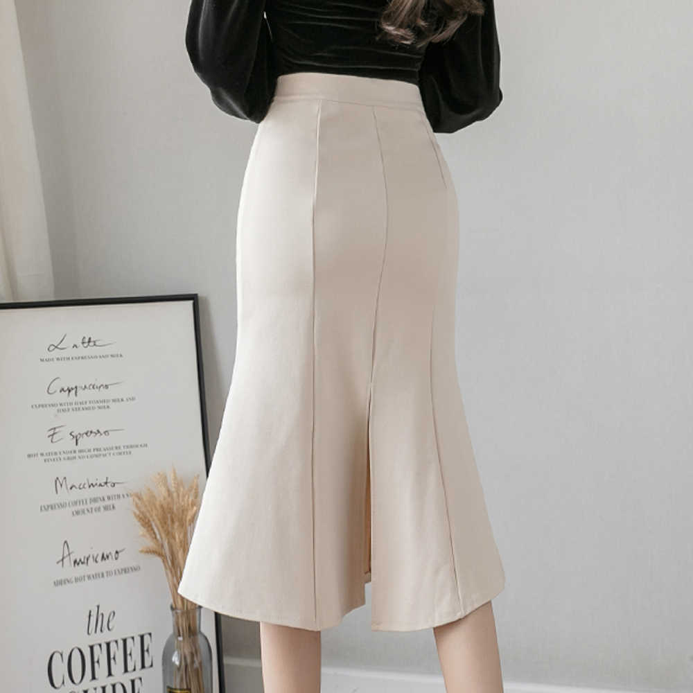 Women High Waist Midi Skirts Plus Size Ruffles Black Khaki Beige Office OL Skirt Fashion Package Hip Mermaid Womens 210619