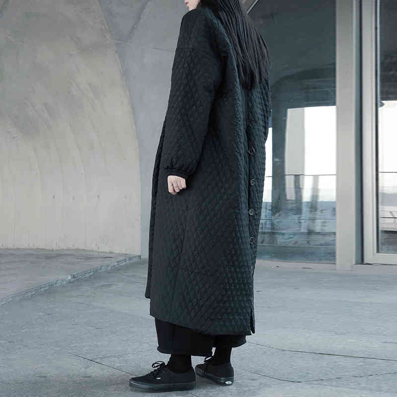 VGH Loose Argyle Parkas For Women V Neck Long Sleeve Solid Minimalist Basic Casual Midi Coat Female Winter Fashion New Tide 210421