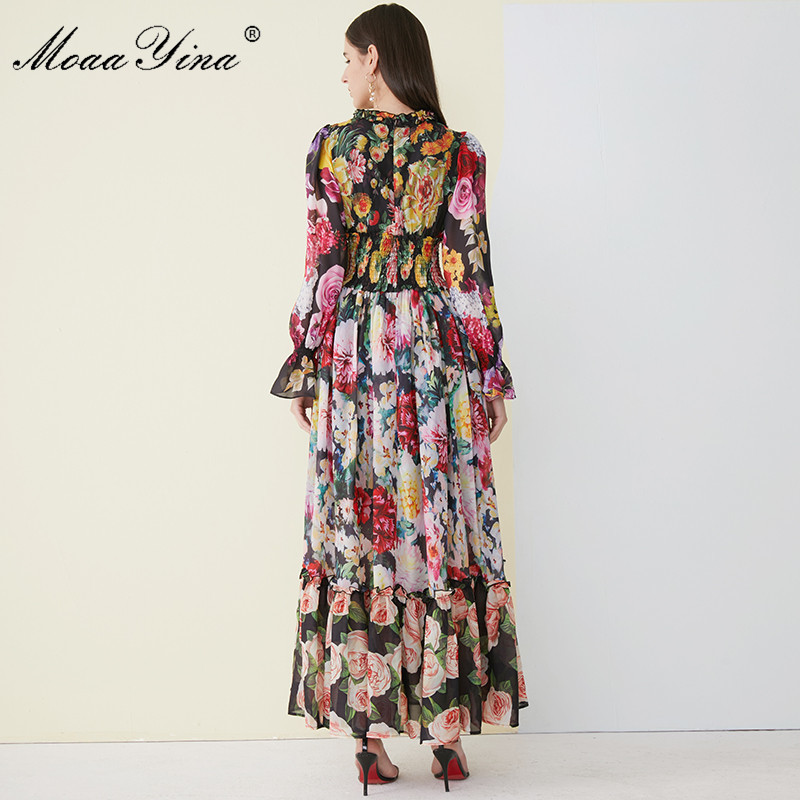 High Quality Women's Summer Beach Chiffon Ruffled collar Dress Elegant Elasticity Waist Print Runway Maxi Long 210524