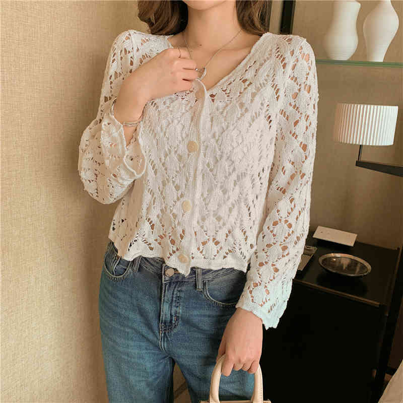 Comelsexy Korean Elegant Vintage Hollow Out Floral Crochet White Lace Summer Blouses Women Crop Tops Women Shirts Cardigan 210515