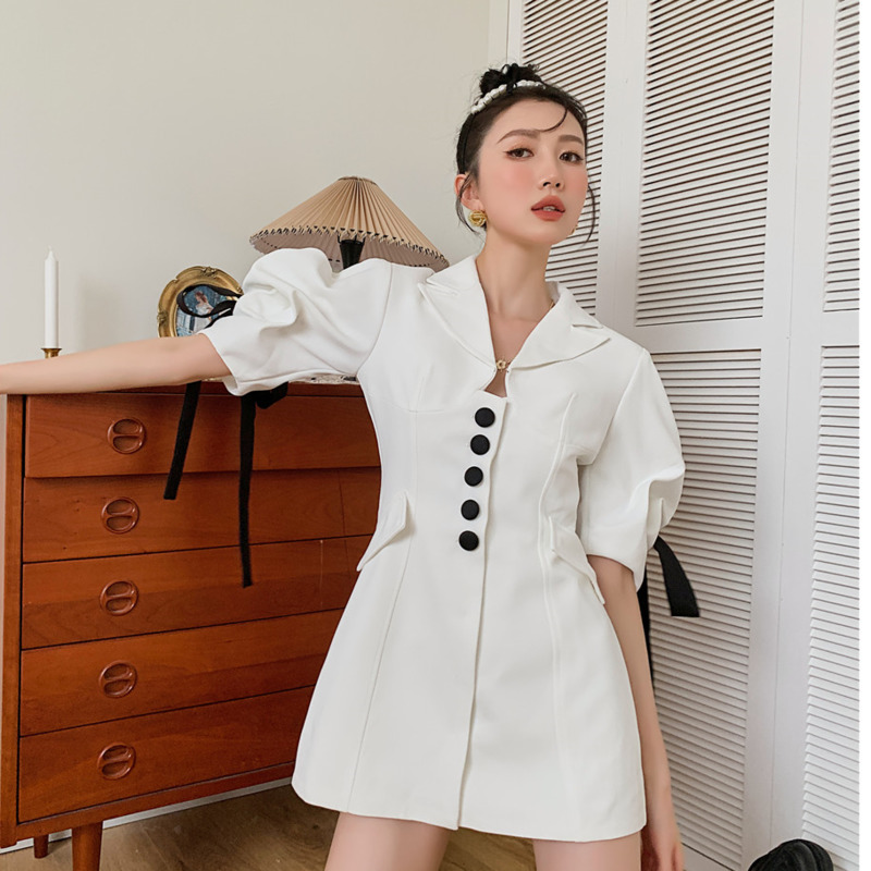 Women Dress Lapel Collar Bubble Sleeve Single Breasted Bow Ribbon Temperament Fashion Summer 2H802 210526