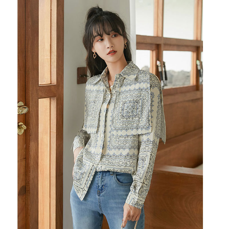 Vintage Rayon Long Sleeve Blouse Fall Women Floral Print Button Up Collar Shirt Shoulderette European Clothing 210427