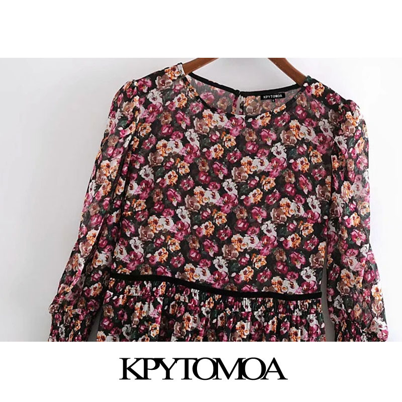 Women Fashion Patchwork Floral Print Chiffon Midi Dress Long Sleeve With Lining Female Dresses Vestidos 210420