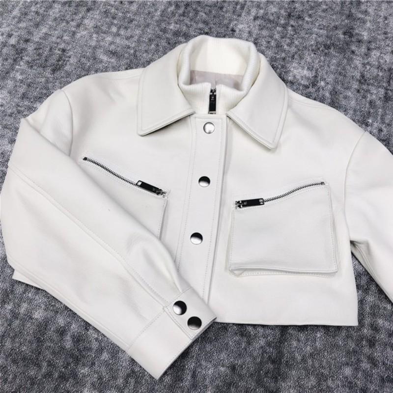 Elegant Genuine Designer Leather Jacket Women Office Lady Slim Sheepskin Coat Autumn Streetwear Pockets White Short Outerwear Women's & Faux