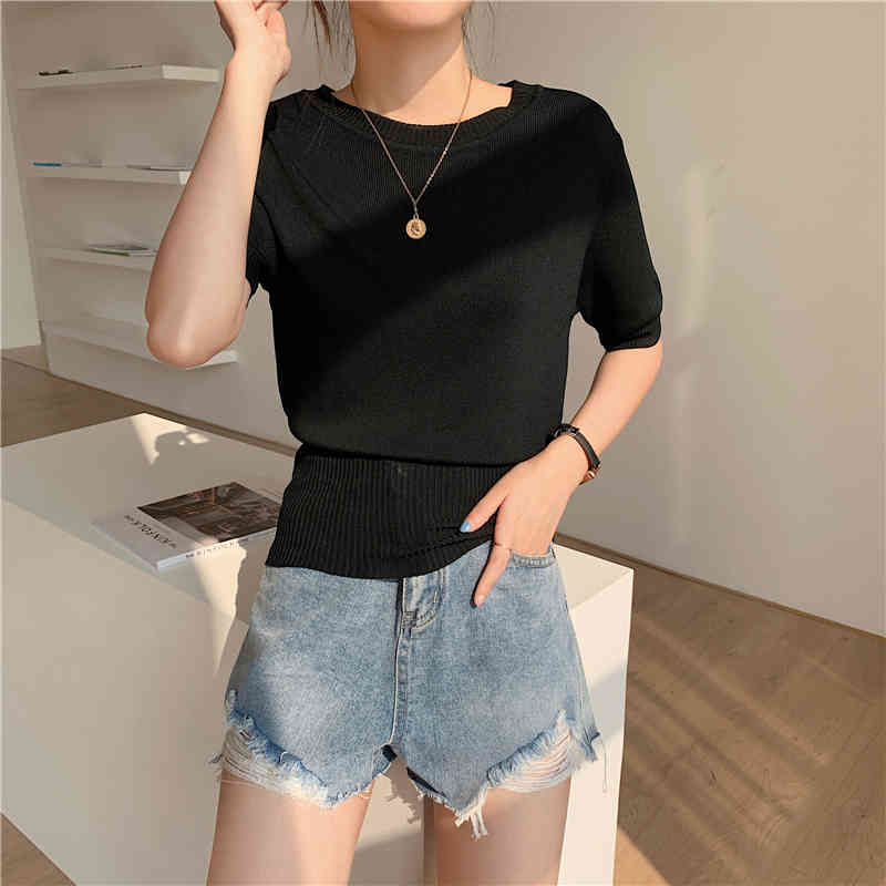 Summer Thin Knitted T Shirt Tees Women Short Sleeve O-neck Tops Solid Casual Fashion Korean T-shirt Femme 210514