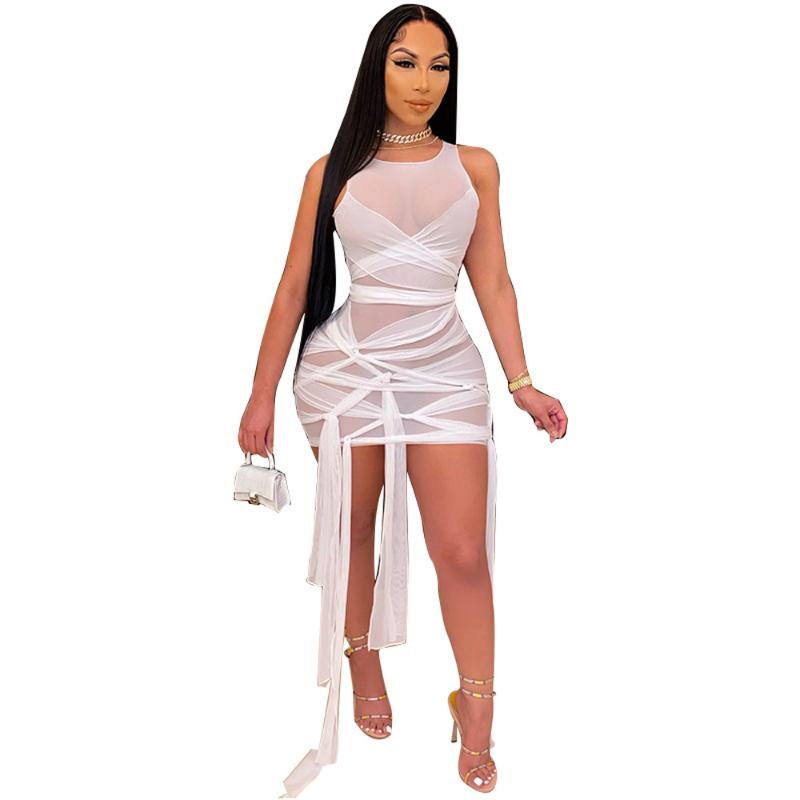 Women's Sexy Mesh Perspective Bandage Sleeveless Vest Dress Two Piece
