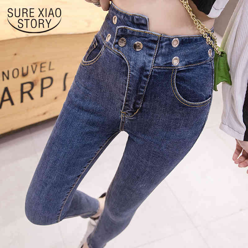 Pencil Pants Jeans Women Autumn Spring Korean Fashion Stretch High Waist Soft Skinny Embroidered Flares Ladies Trousers 8247 50 210417