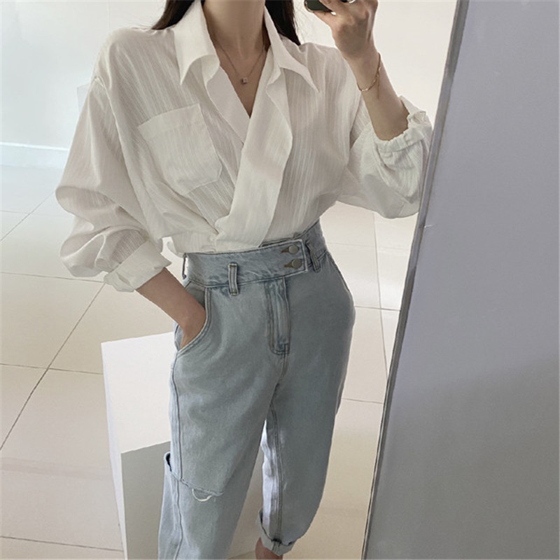 OL Elegant Striped Shirt Femme Autumn Vintage Women Blouses Long Sleeve Lapel Loose Tops Woman Clothes Blusas 210421