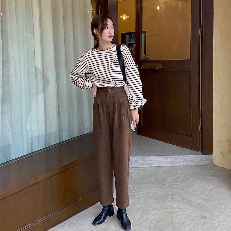 Korean High Waist Woolen OL Elegant Women Solid Plus Casual Loose-fitting Straight Pants Female Trousers 210421