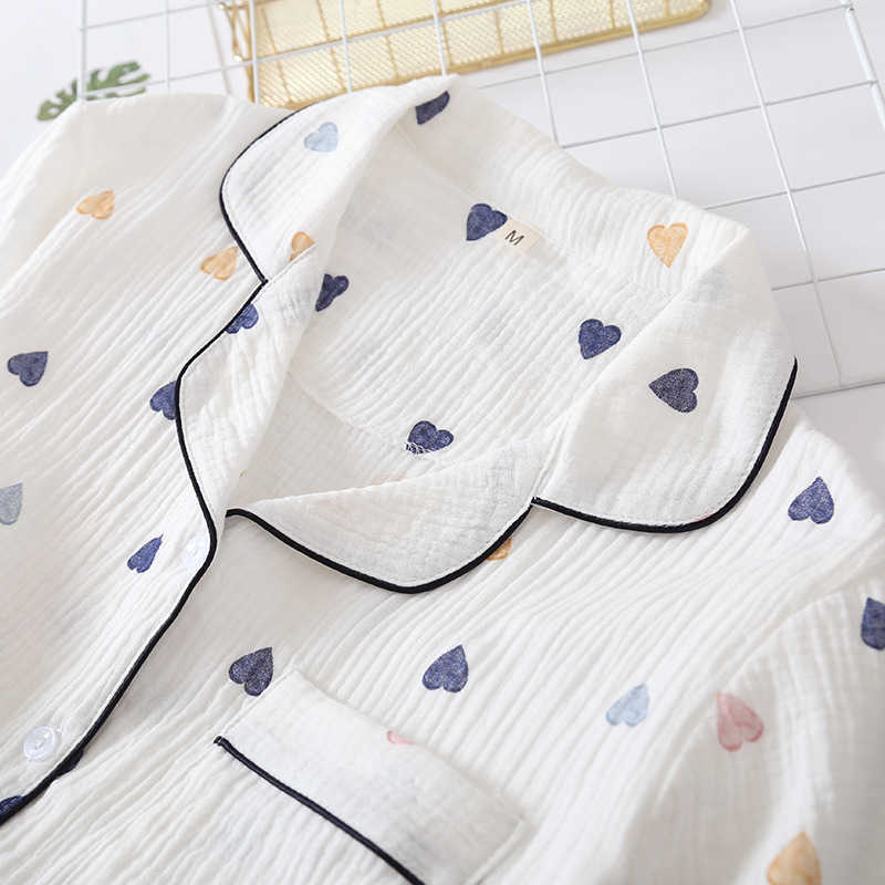 Japanese summer ladies cotton gauze short sleeve shorts pajamas suit cute heart-shaped thin section home service suit woman 210924
