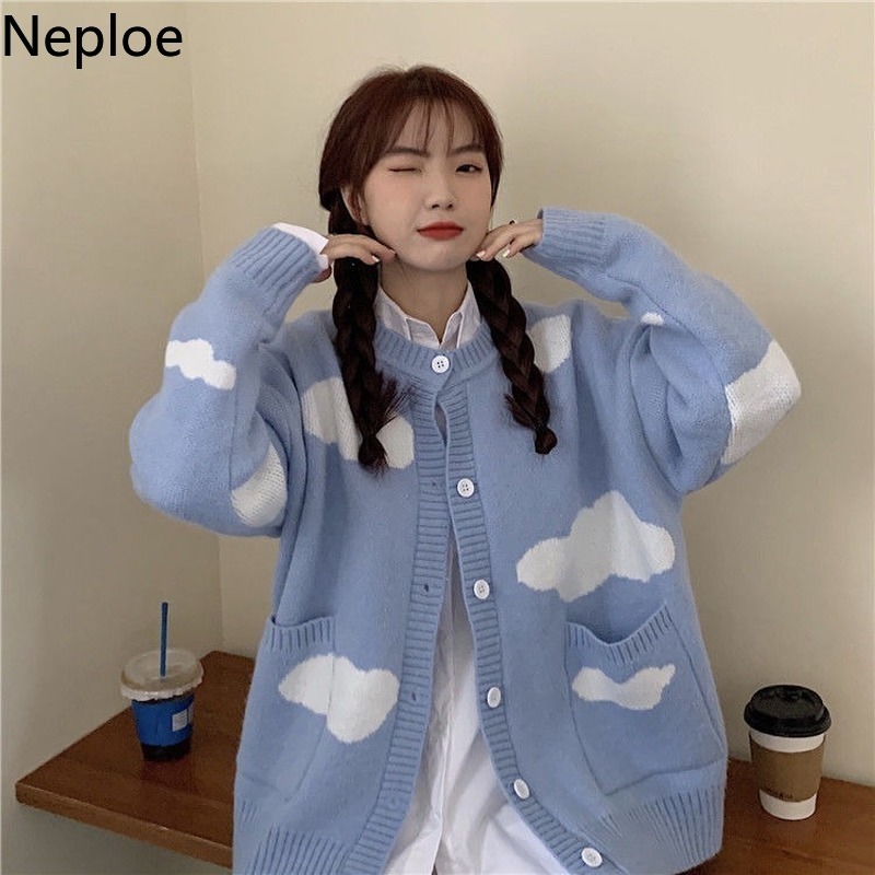 Neploe Korean Sweet Cardigan Fall Women Clothes Knitted Sweaters Cute Sweater O-neck Loose Oversized Outwear Sueter Coats 210422