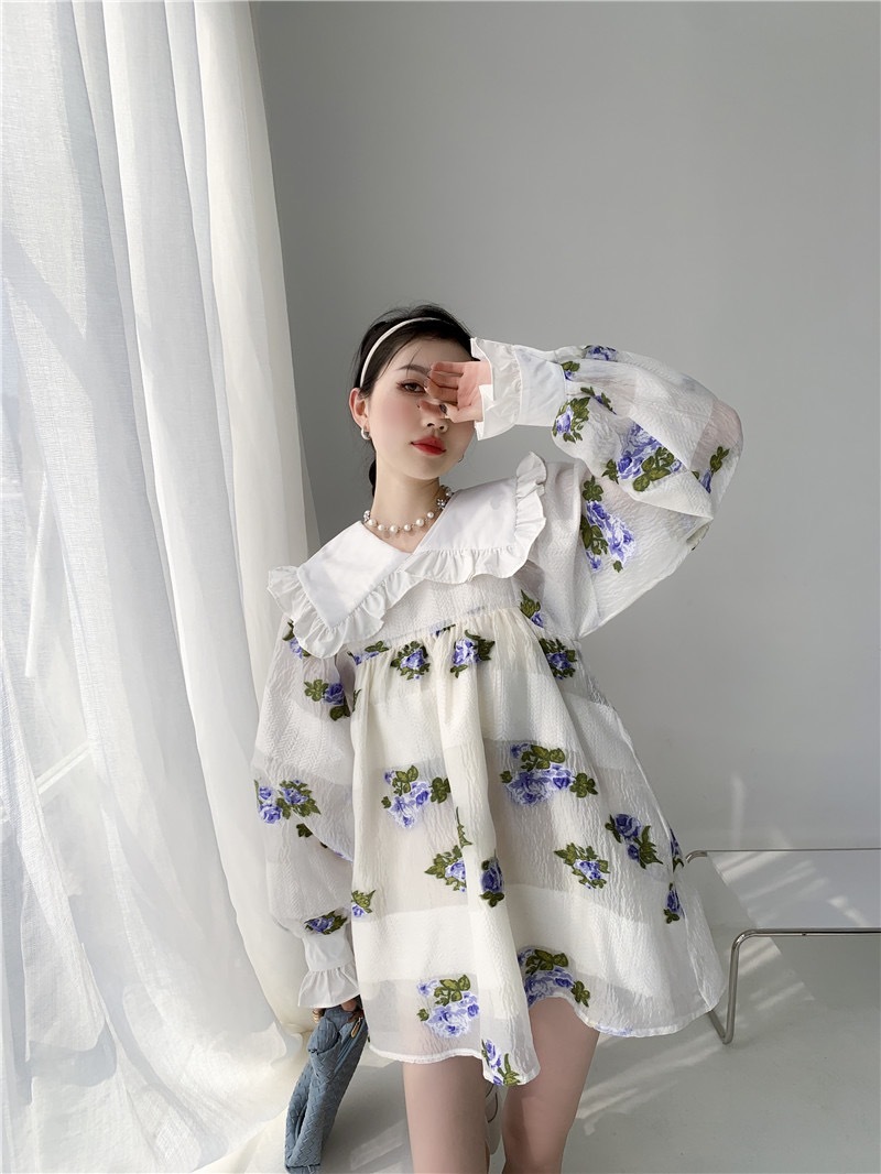 Jacquard Peter Pan Collar Lantern Sleeve Dress Spring Runway Long Floral Mini Loose Ruched Women 210427