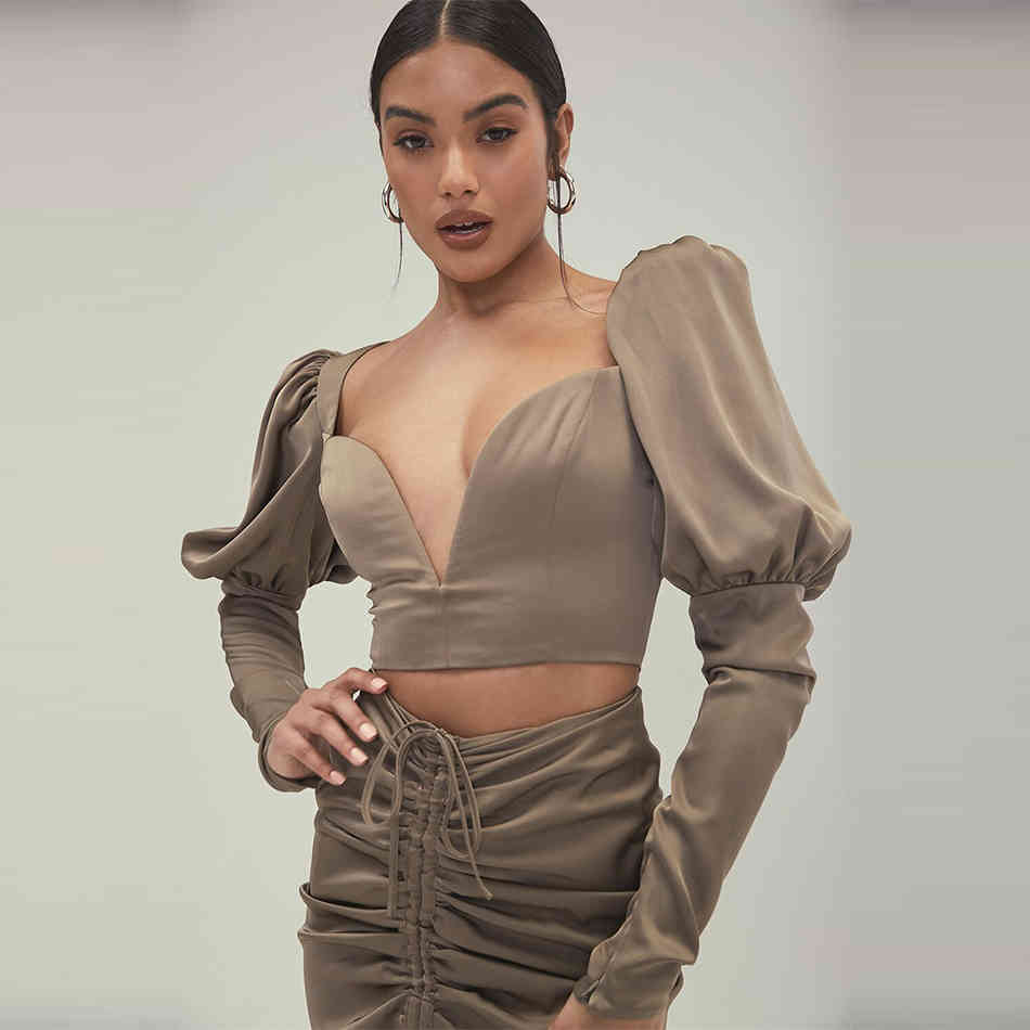 Summer Women Fashion Grey Long Sleeve Midi Dress Sexy V Neck Hollow Out Celebrity Evening Runway Club Party 210423