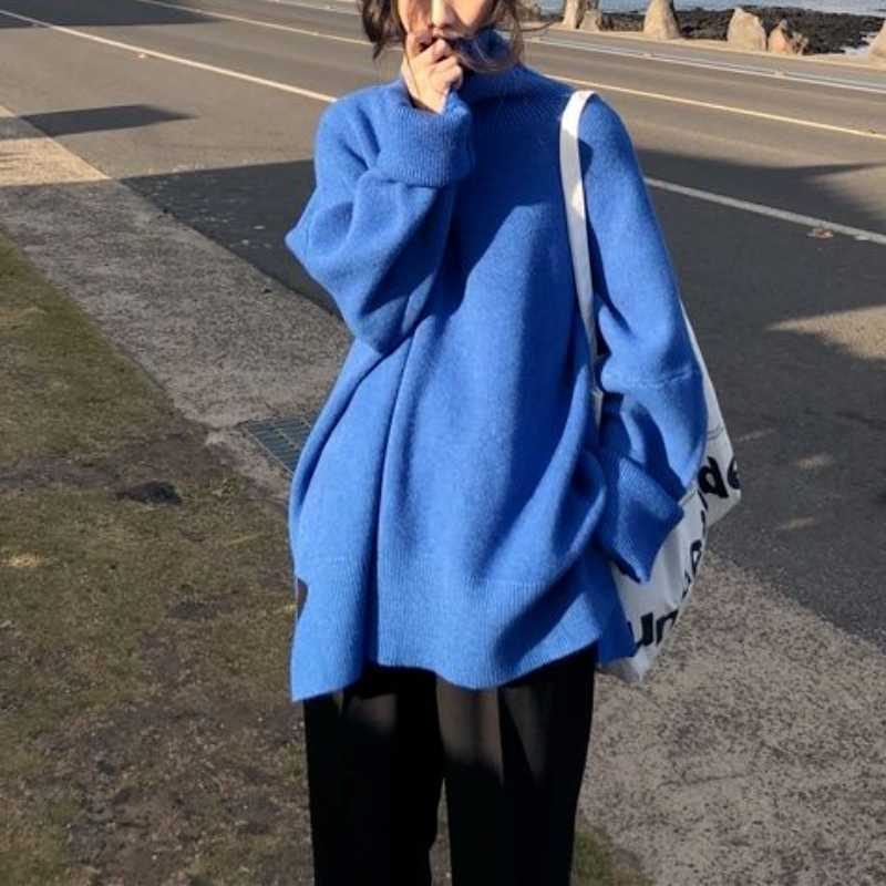 Turtleneck Collar Sweater Spring Autumn Pattern Long Sleeve Solid Knitting Pulloveres Overszie Casual Women Black Blue 211018