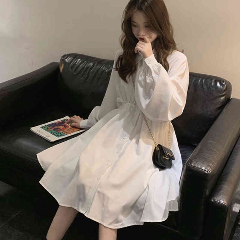 White Woman Dress Lantern Sleeve Solid Plus Size Dresses Vintage Single Breasted Women Shirts Vestidos 14510 210508
