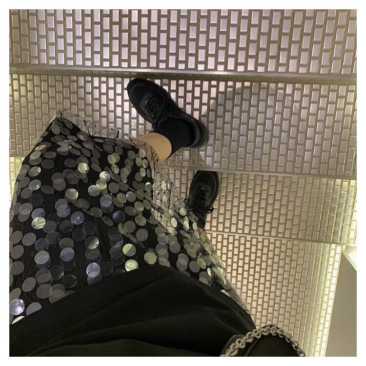 Midi Skirt High Waist Show Thin Sequins Sparkle Loose Straight Tube Black Street Scale Minority Bottom 210510