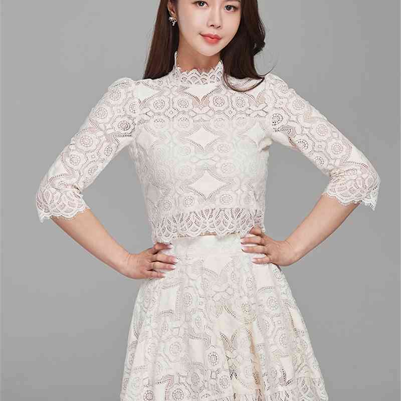 Fashion Two Piece Skirt Suit Women Elegant White Lace Short Top +High Waist Temperament Hollow Out Clothes Sets 210520