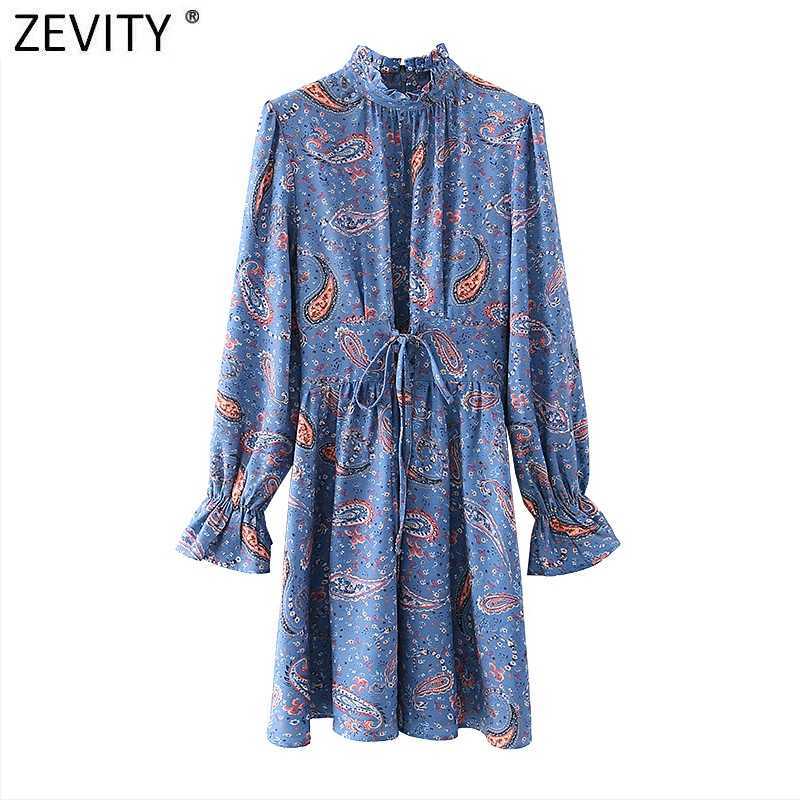 

Zevity Women Vintage Ruffled Collar Cashew Nuts Print Casual Mini Dress Female Lace Up Vestido Chic Agaric Lace Dress DS4803 210603, As pic ds4803xz