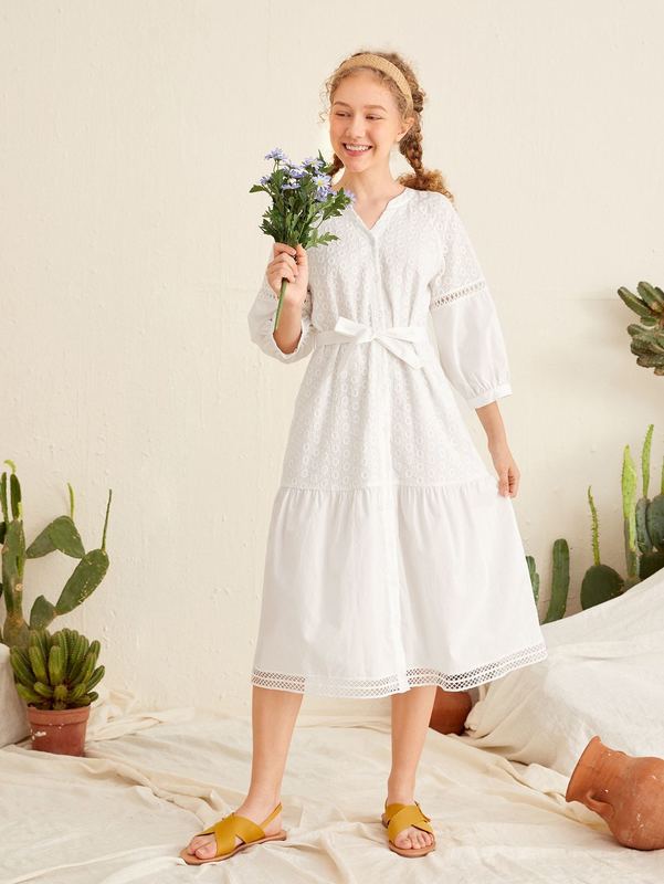 Teen Girls Guipure Lace Insert Self Belted Schiffy Dress SHE