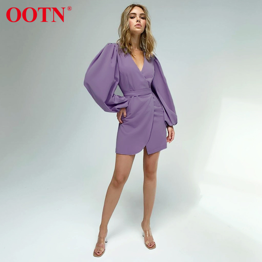 OOTN Purple Asymmetry Mini Dress Tunic High Waist Ladies Elegant Sexy V Neck Lantern Long Sleeve Green Dresses Womens Fashion 210409