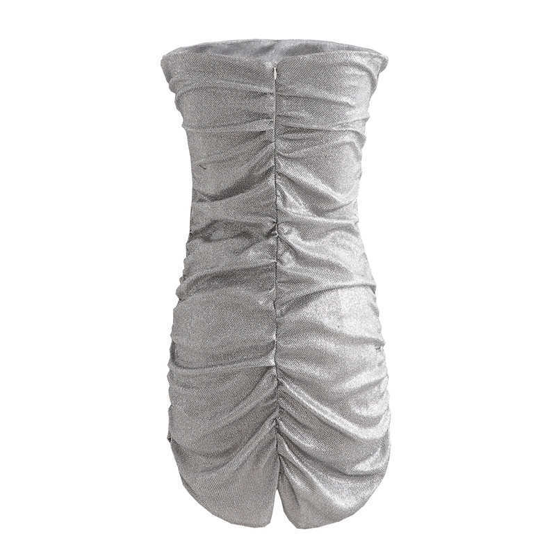 Sexy Women Silvery Reflect Light Mini Dress Fashion Ladies Draped Ruffles Vestidos Sweet Female Chic Slim Dresses 210527