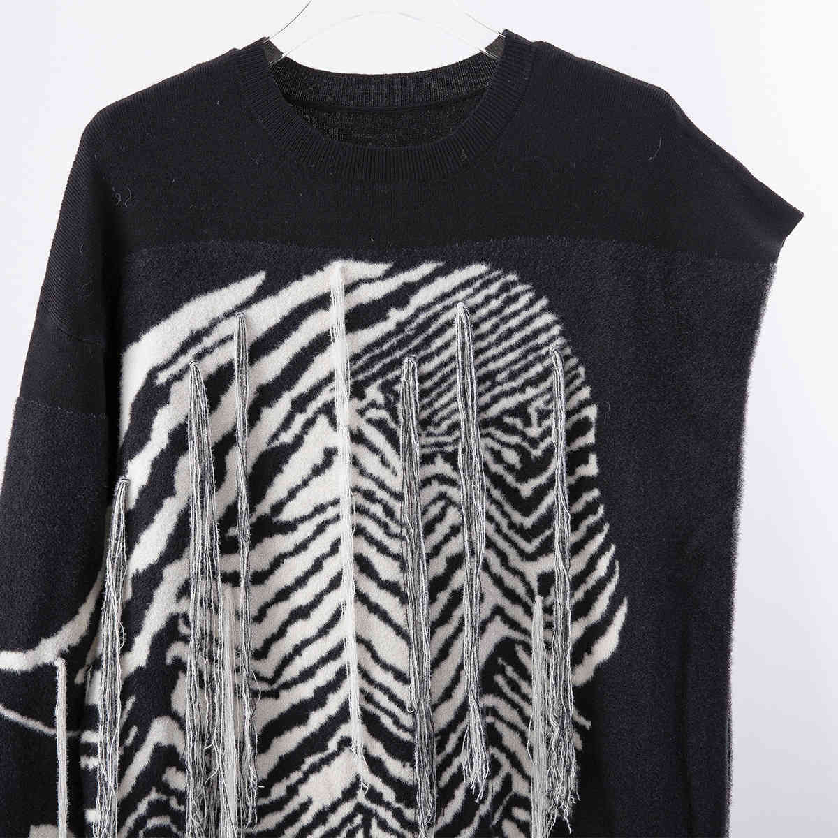 [EAM] Women Black Knitting Striped Tassels Big Size Dress Round Neck Long Sleeve Loose Fit Fashion Spring Autumn SG592 21512