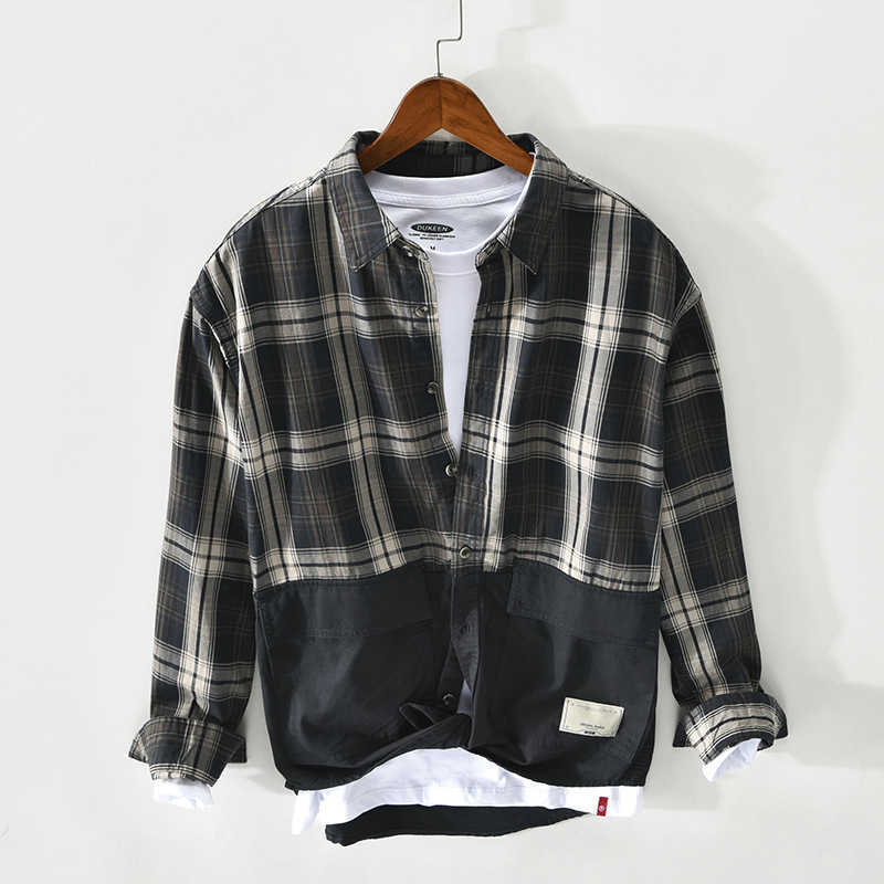 Spring Summer Men Patch Work Plaid Shirt Pure Cotton Long Sleeve Button Up Vintage Green Fashion Trend GML04-Z136 210809 Free shippin