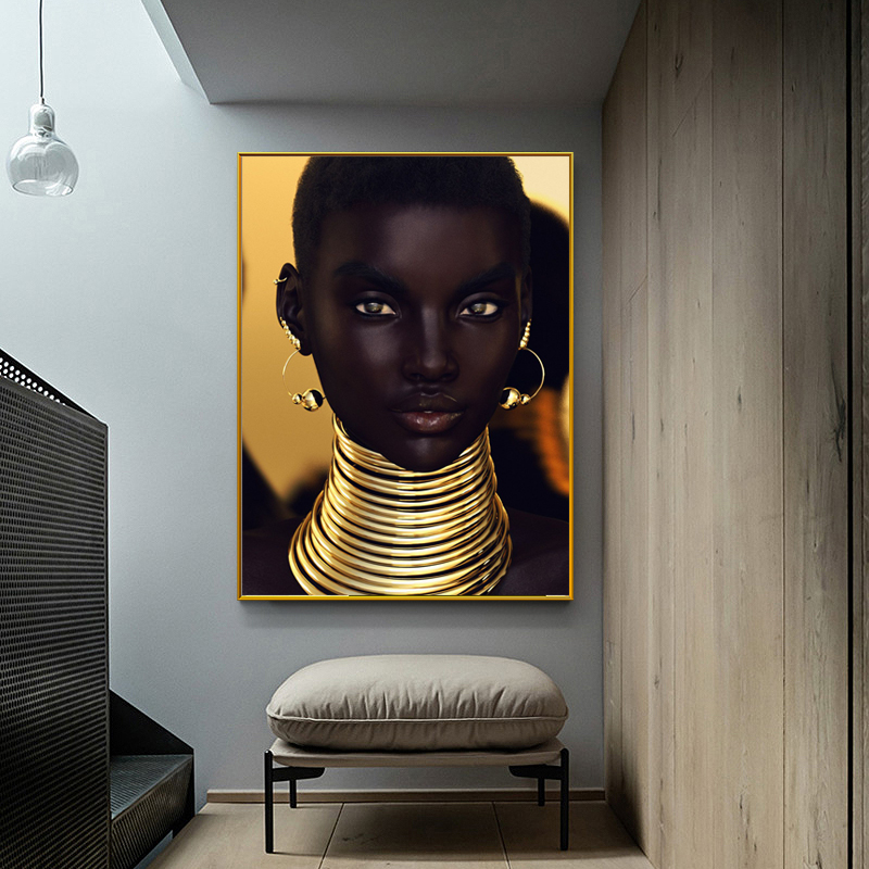Black Girl With Golden Ears Necklace Wall Paintings For Living Room Canvas Print Posters Modern Decorative Pictures