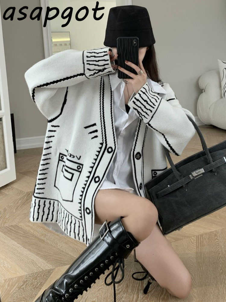 Retro Temperament Loose V Neck Graffiti Cardigan Knitted Jacket Long Autumn Winter Sweaters Tops Fashion Casual Pull 210914