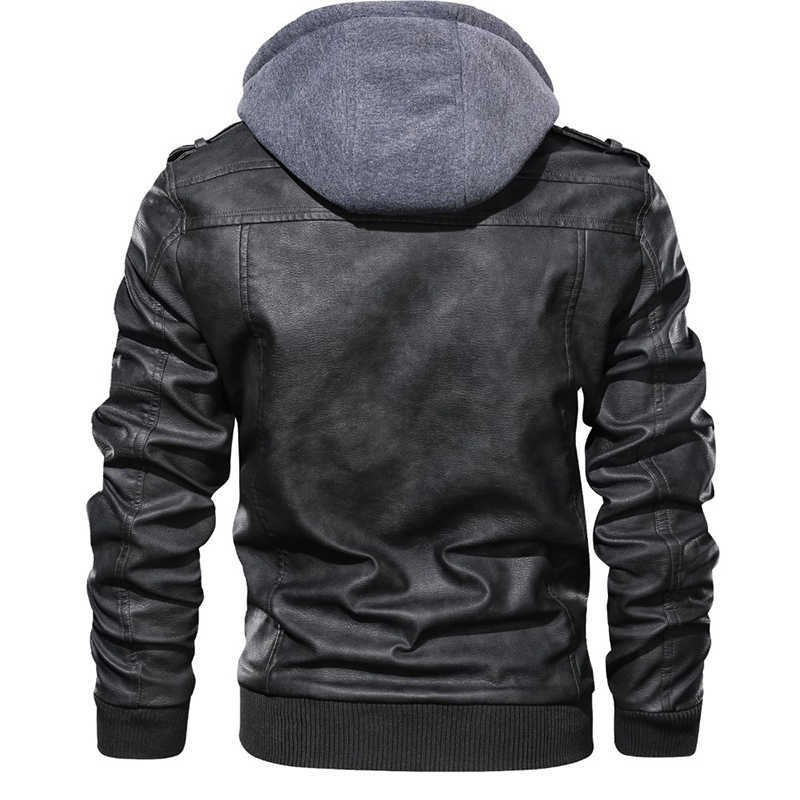 Mens Outwear Bomber Vintage Autumn Black PU Leather Casual Jacket Slim Fit Motorcycle Biker Coats Removable Hood 211009
